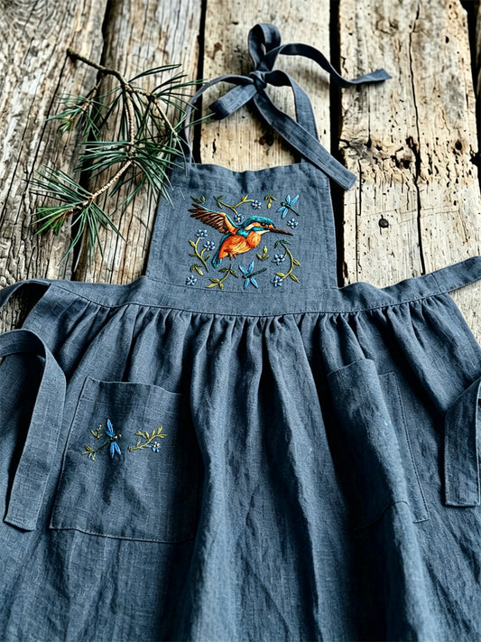 Women's Vintage Humming Bird Dragonflies Floral Print Pleated Maxi Pinafore Dress