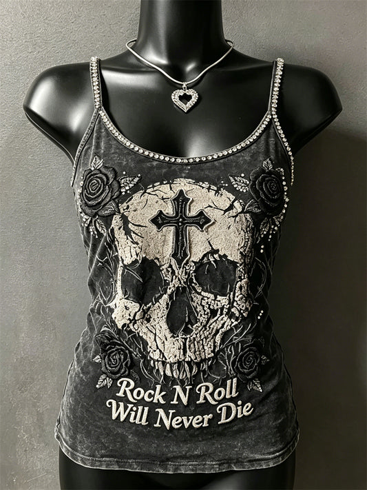 Women's Rock N Roll Will Never Die Skull Cross Roses Print Spaghetti-Strap Tank Top