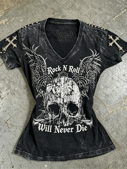 Women's Rock N Roll Will Never Die Skull Print short-sleeved T-shirt