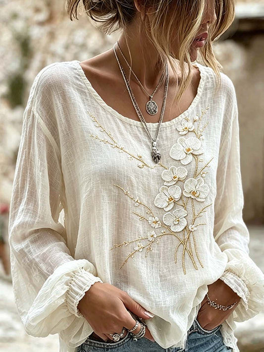 Women's flower pattern printed casual cotton and linen shirt