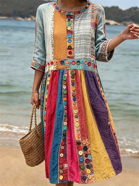 Women's Vintage Boho Colorful Buttons Patchwork Art Print Linen Dress