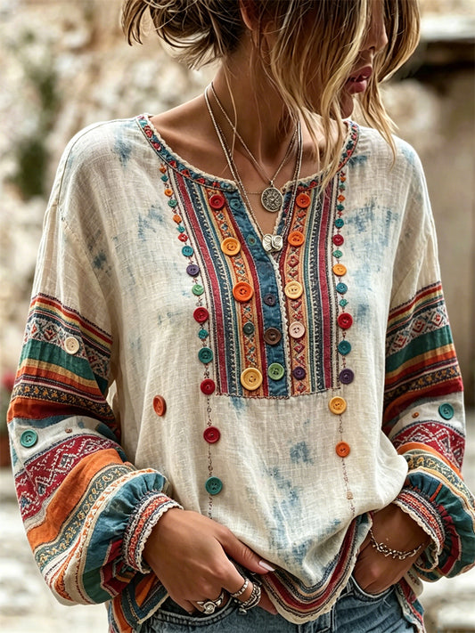 Women's Boho Colorful Buttons Art Ethnic Print Cotton-Linen Shirt