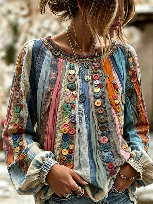 Women's Vintage Boho Colorful Buttons Texture Art Print Cotton-Linen Shirt