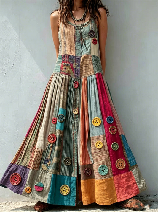 Women's Vintage Boho Colorful Buttons Patchwork Art Print Maxi Tank Dress