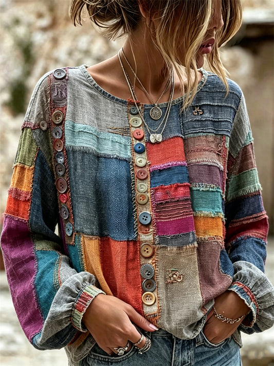 Women's Vintage Boho Buttons Colorblock Art Print Cotton-Linen Shirt