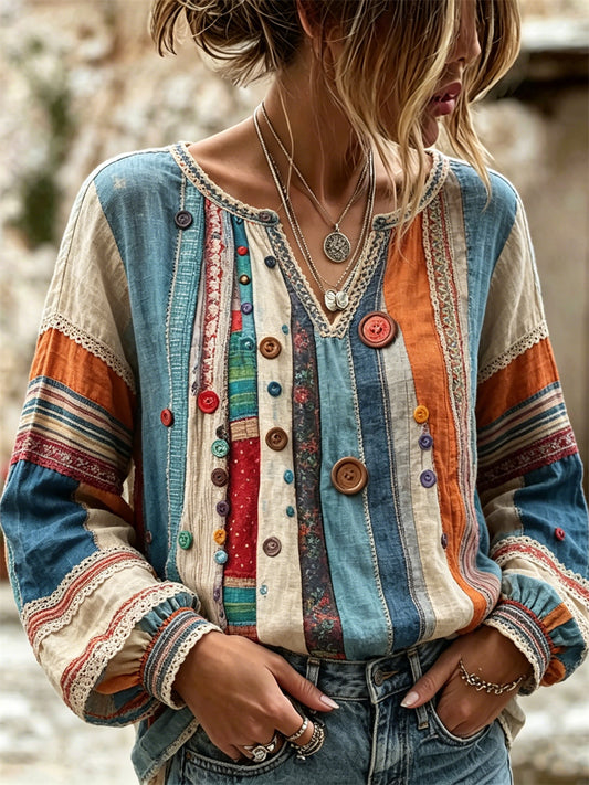 Women's Vintage Boho Buttons Colorblock Patchwork Print Cotton-Linen Shirt