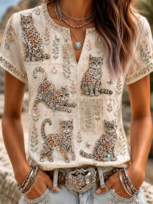 Women's Cute Cat Art Cotton-Linen Short Sleeves Shirt
