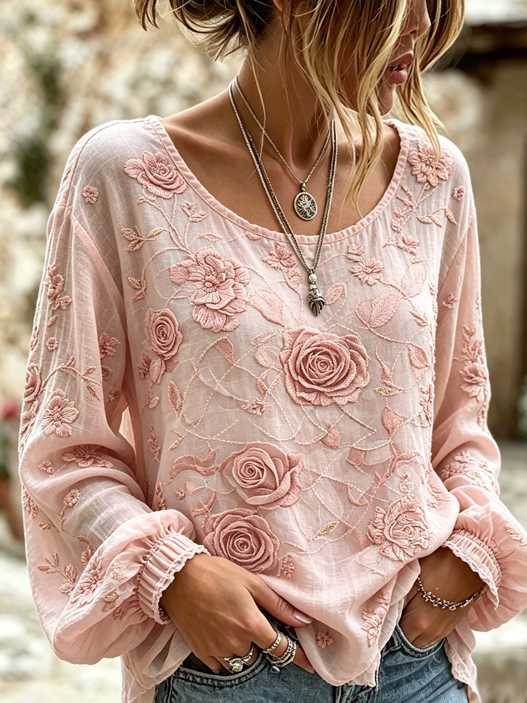 Women's plant flower pattern printed linen short-sleeve shirt