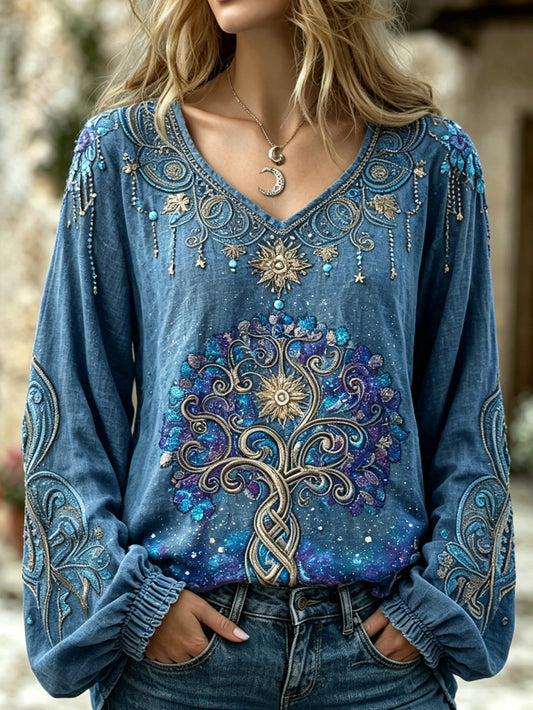 Women's retro Viking Norse mythology pattern printed casual cotton and linen shirt