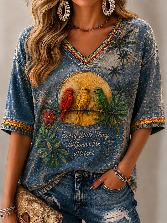 Women's Vintage-Style Distressed Reggae Art Casual V-Neck T-Shirt