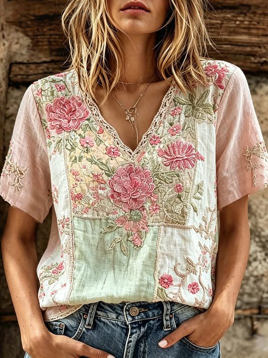 Women's plant flower pattern printed linen short-sleeve T-shirt