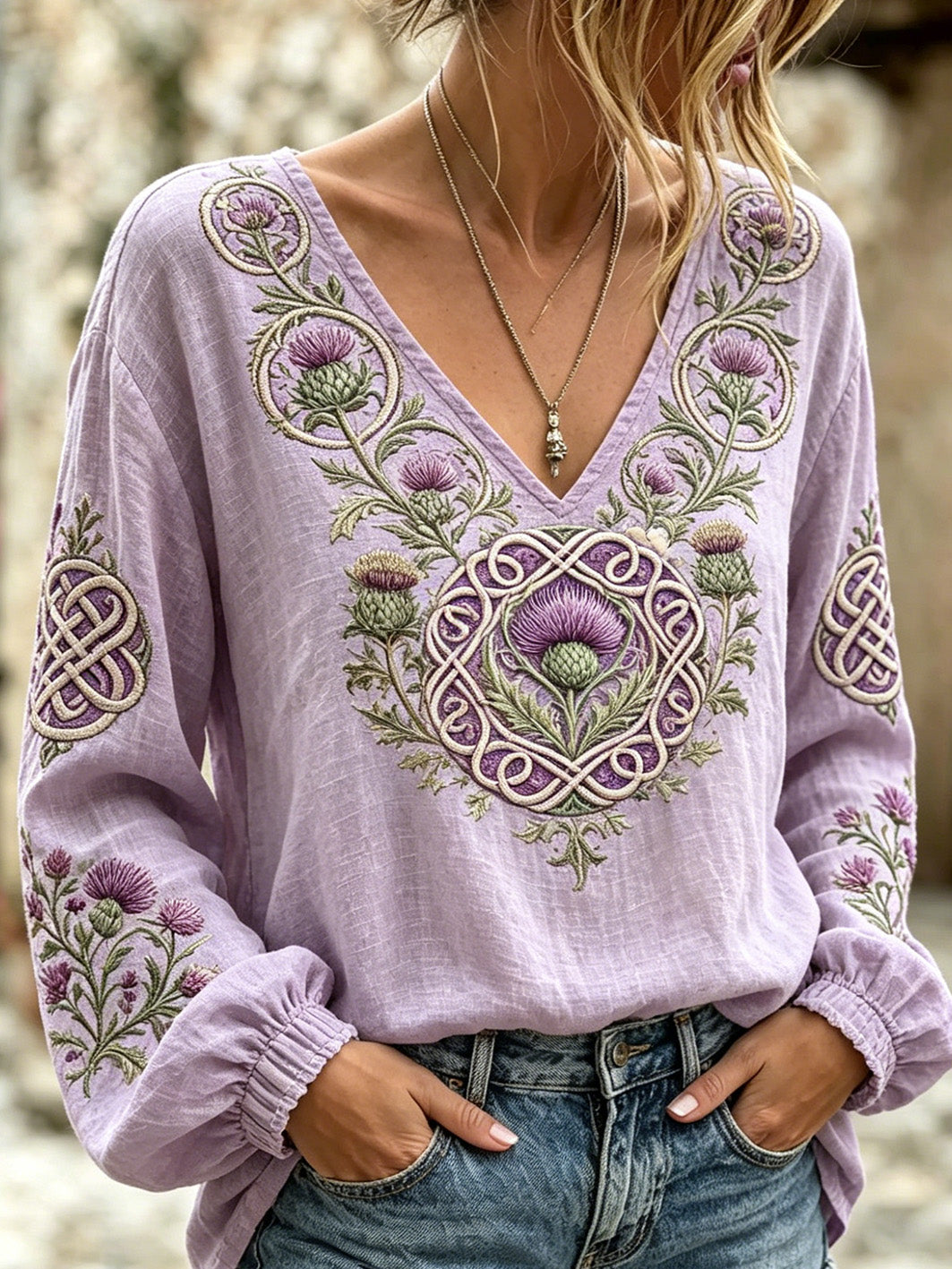 Women's retro Scottish Thistle flower pattern printed cotton and linen shirt