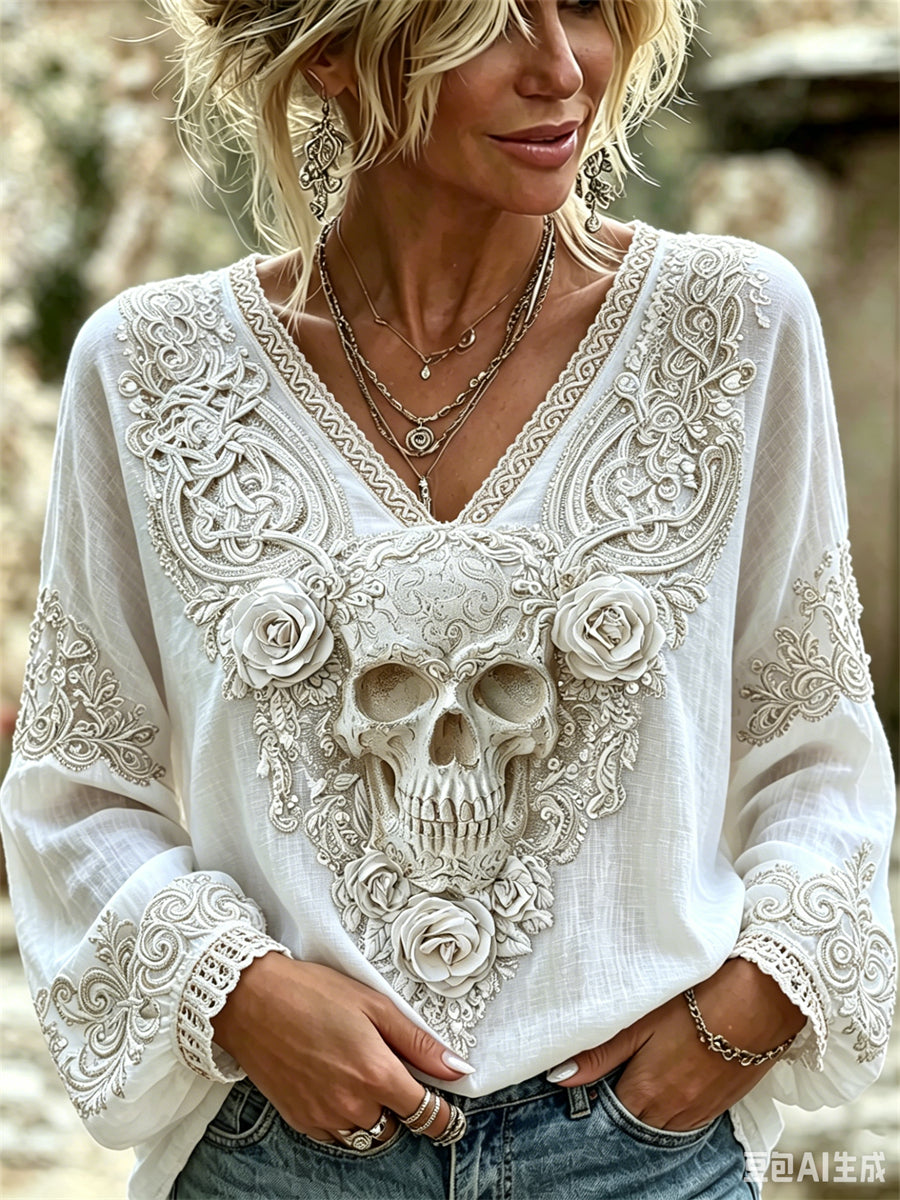 Women's Classy Skull & Roses Viking Celtic Print Cotton-Linen Shirt