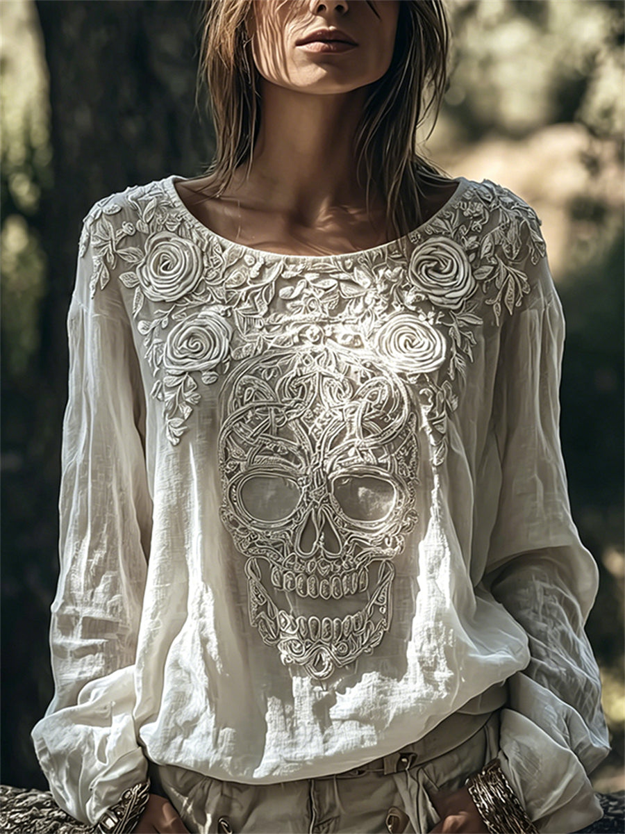 Women's Vintage Celtic Skull Roses Floral Print Cotton-Linen Shirt