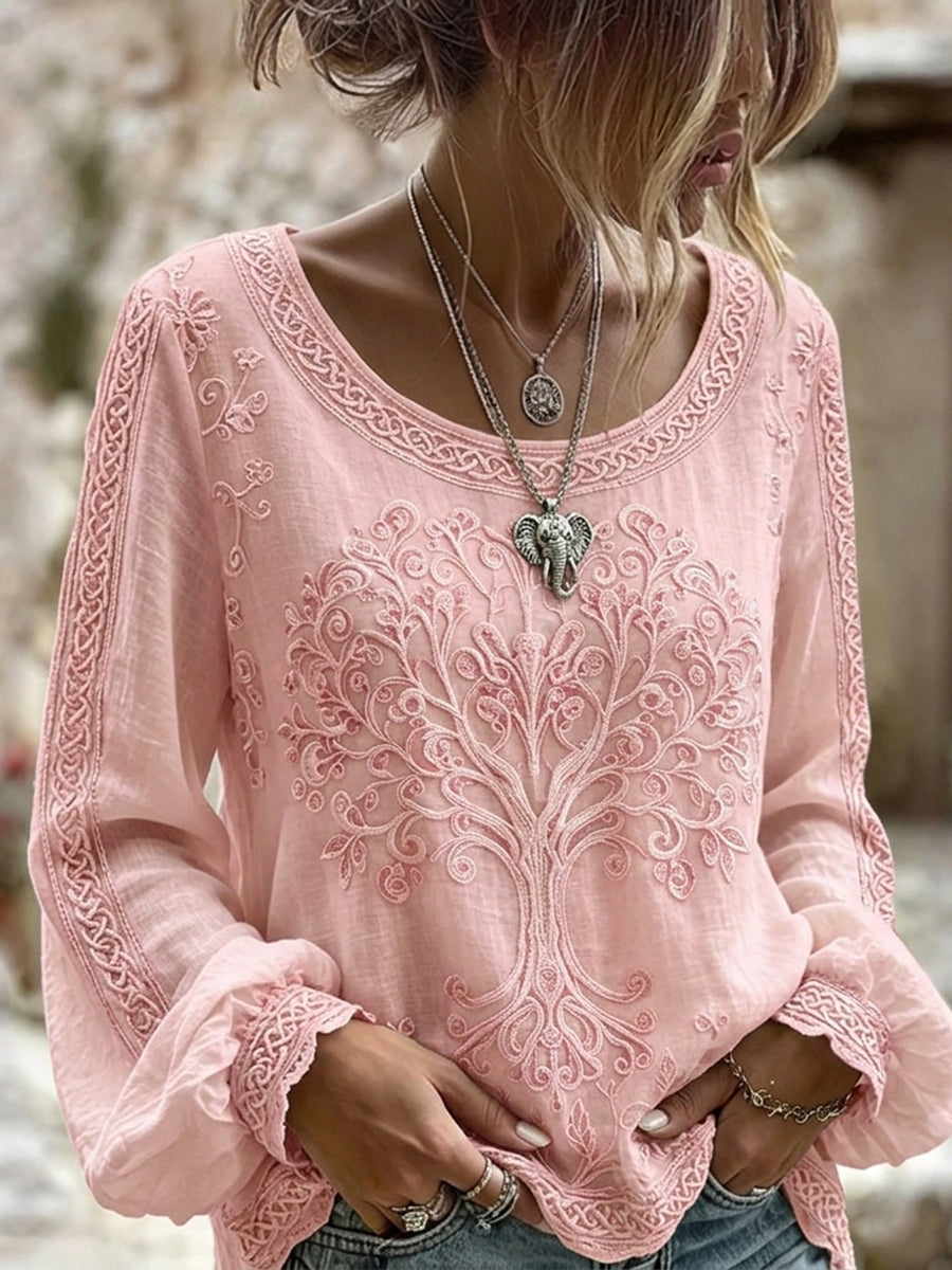 Women's Vintage Pink Celtic Tree Of Life Viking Inspired Print Cotton-Linen Shirt
