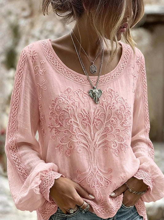 Women's Vintage Pink Celtic Tree Of Life Viking Inspired Print Cotton-Linen Shirt