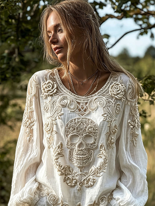 Women's Vintage Skull & Roses Viking Celtic Knot Print Cotton-Linen Shirt