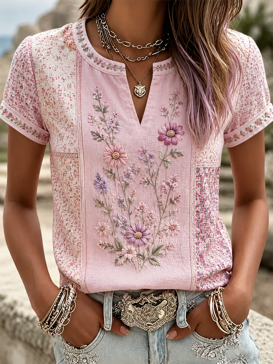 Women's Breast Cancer Pink Flowers Print V-Neck Casual T-Shirt