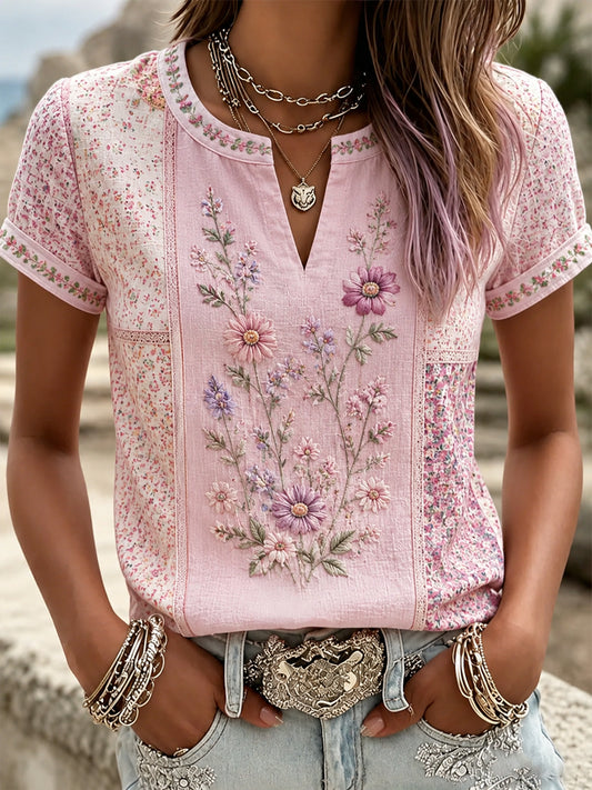Women's Breast Cancer Pink Flowers Print V-Neck Casual T-Shirt