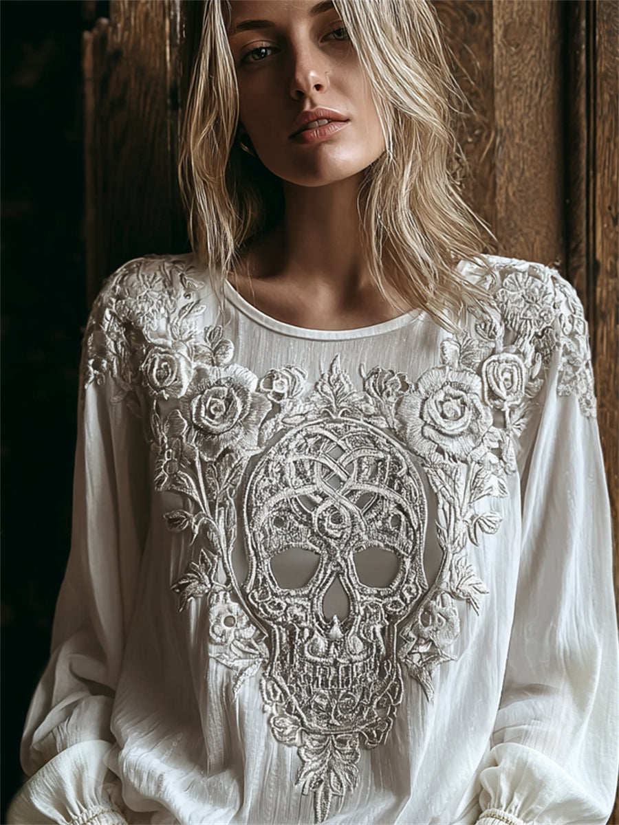 Women's Viking Vintage Celtic Skull Roses Floral Print Cotton-Linen Shirt