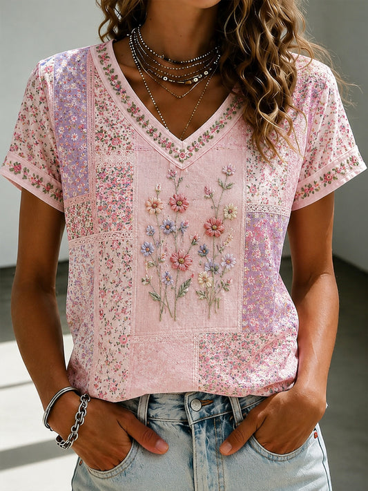 Women's Breast Cancer Pink Flowers Print V-Neck Casual T-Shirt