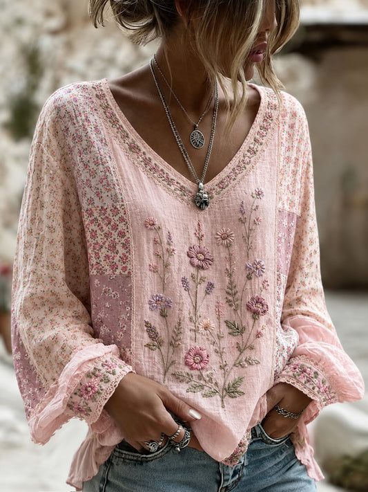 Women's Breast Cancer Pink Flowers Print Cotton-Linen Shirt