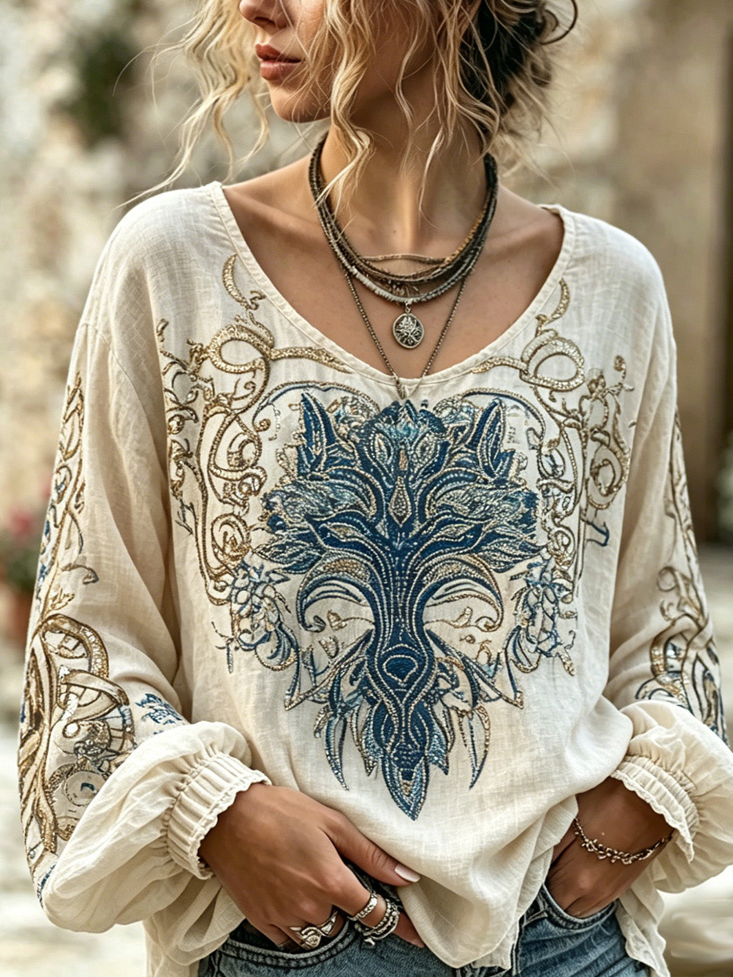 Women's retro Viking wolf pattern printed cotton and linen shirt