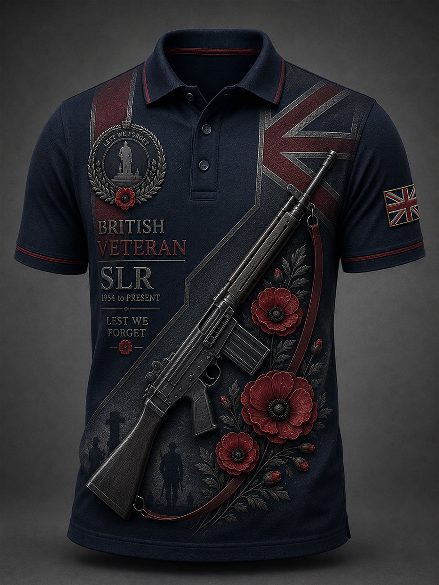 Men's Short-Sleeved Polo Shirt With Veteran Weapon Print