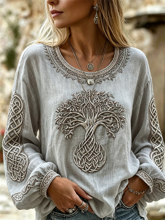 Women's Classy Viking Tree of Life Celtic Knot Print Cotton-Linen Shirt