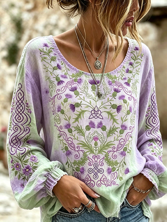 Women's retro Viking plant flower pattern cotton and linen shirt