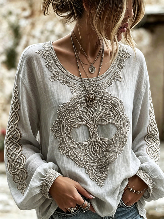 Women's Classy Viking Tree of Life Celtic Knot Print Cotton-Linen Shirt