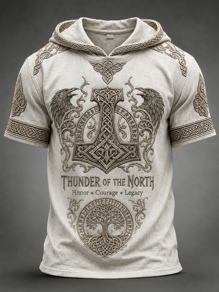 Men's Retro Viking Print Short-Sleeve Hooded Top