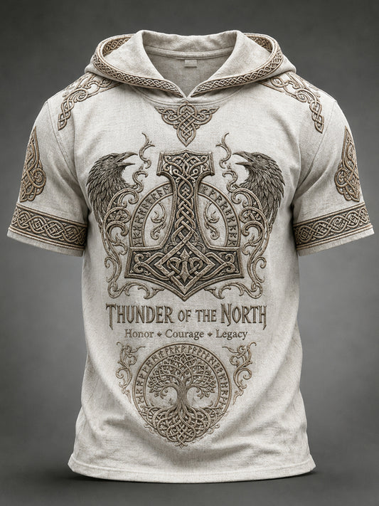 Men's Retro Viking Print Short-Sleeve Hooded Top