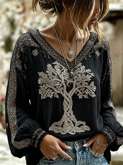 Women's Classy Viking Tree of Life Celtic Knot Print V Neck Cotton-Linen Shirt