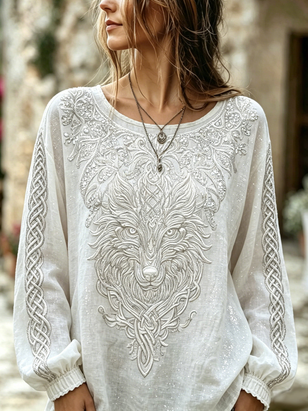 Women's Retro Wolf Head Pattern Design Cotton-Linen Shirt