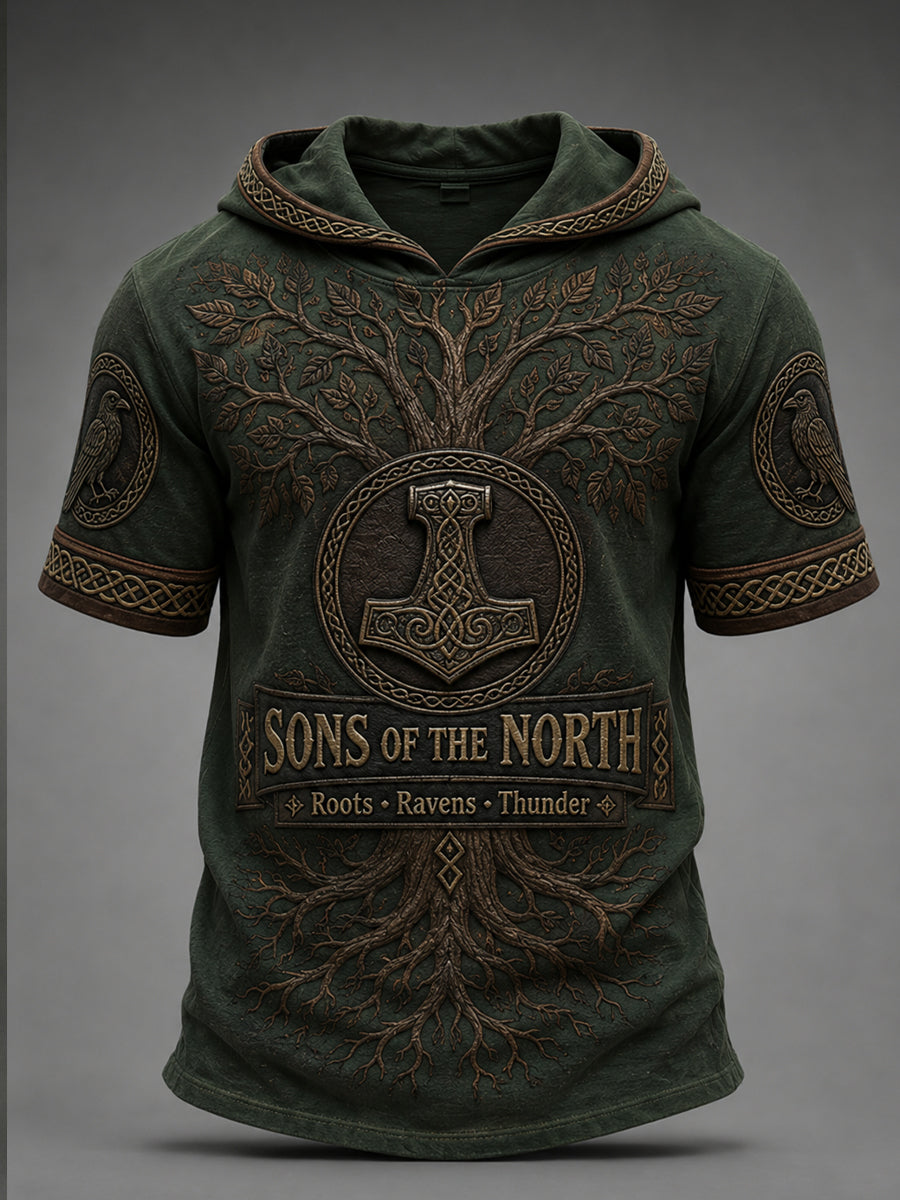 Men's Retro Viking Print Short-Sleeve Hooded Top