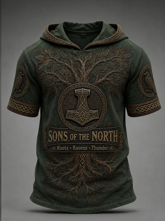Men's Retro Viking Print Short-Sleeve Hooded Top