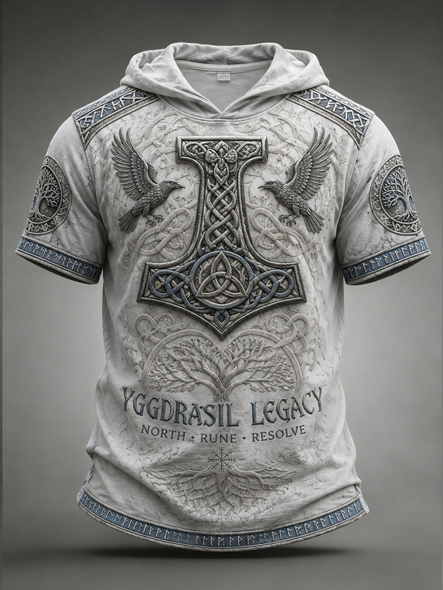 Men's Retro Viking Print Short-Sleeve Hooded Top