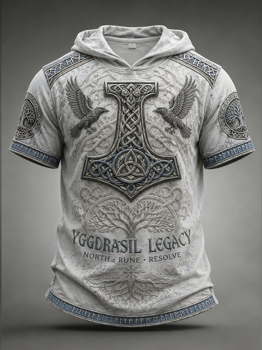 Men's Retro Viking Print Short-Sleeve Hooded Top