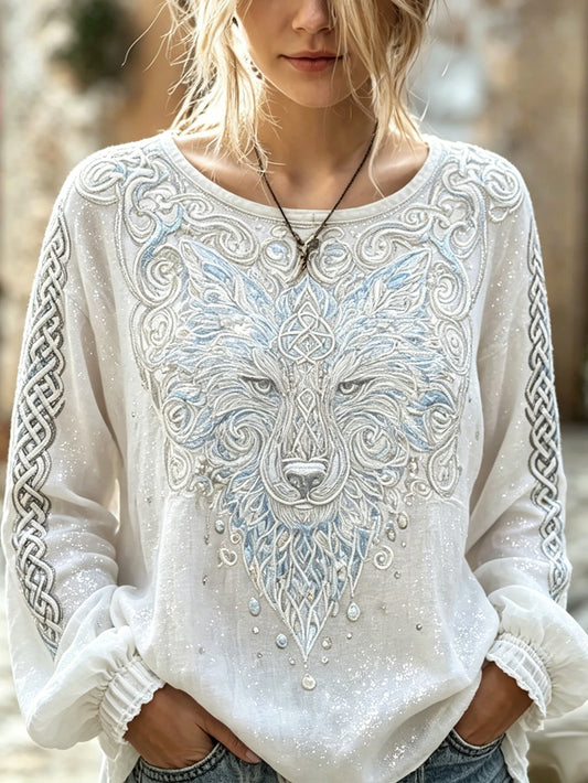 Women's Retro Wolf Head Pattern Design Cotton-Linen Shirt