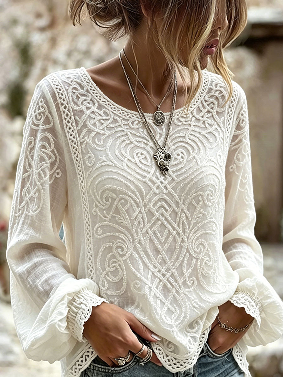 Women's Vintage Viking Inspired Celtic Knot Print Cotton-Linen Shirt