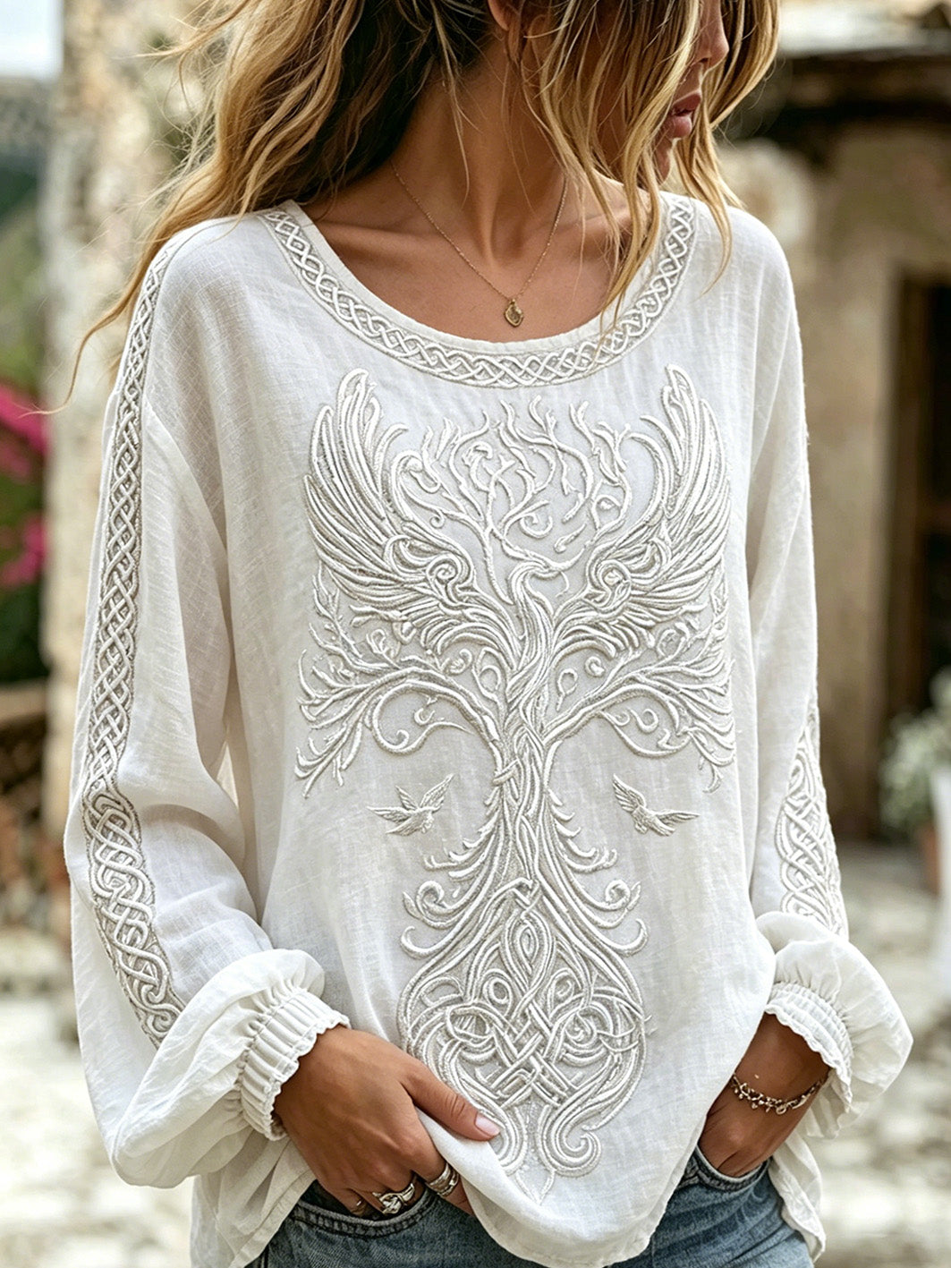 Women's Celtic knot pattern printed cotton and linen shirt