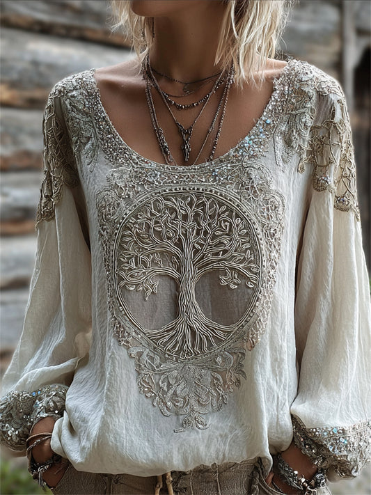 Women's Classy Viking Tree of Life Celtic Knot Print Cotton-Linen Shirt