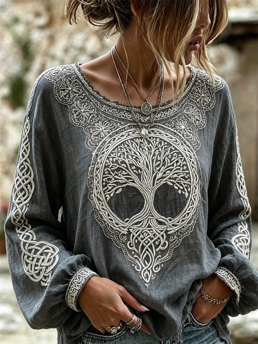 Women's Classy Viking Tree of Life Celtic Knot Print Cotton-Linen Shirt