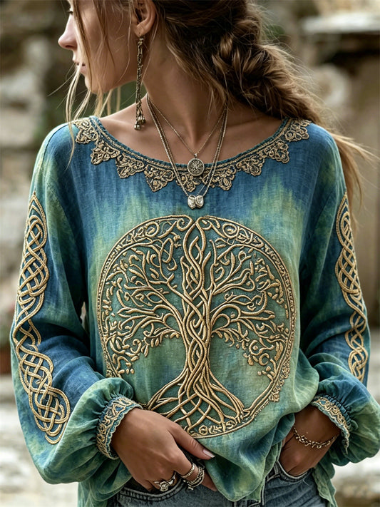 Women's Vintage Viking Tree of Life Celtic Knot Print Gradient Cotton-Linen Shirt