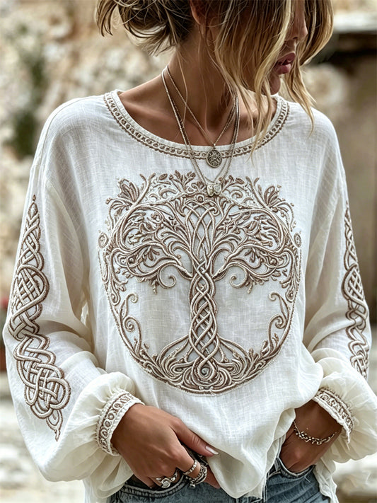 Women's Vintage Viking Tree of Life Celtic Knot Print Cotton-Linen Shirt