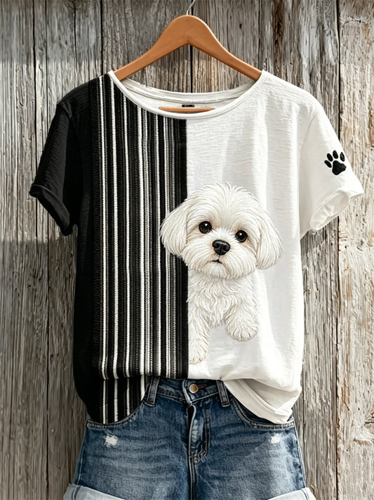 Women's Peeking Maltese Dog & Paw Print Colorblock Print short-sleeved T-shirt