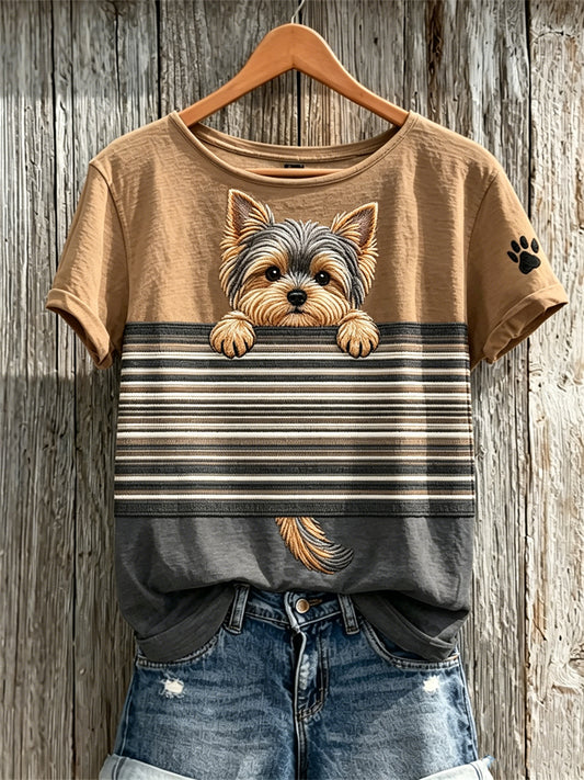 Women's Peeking Yorkshire Dog & Paw Print Colorblock Print short-sleeved T-shirt