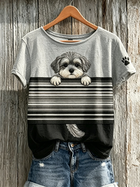 Women's Peeking Schnauzer Dog & Paw Print Colorblock Print short-sleeved T-shirt