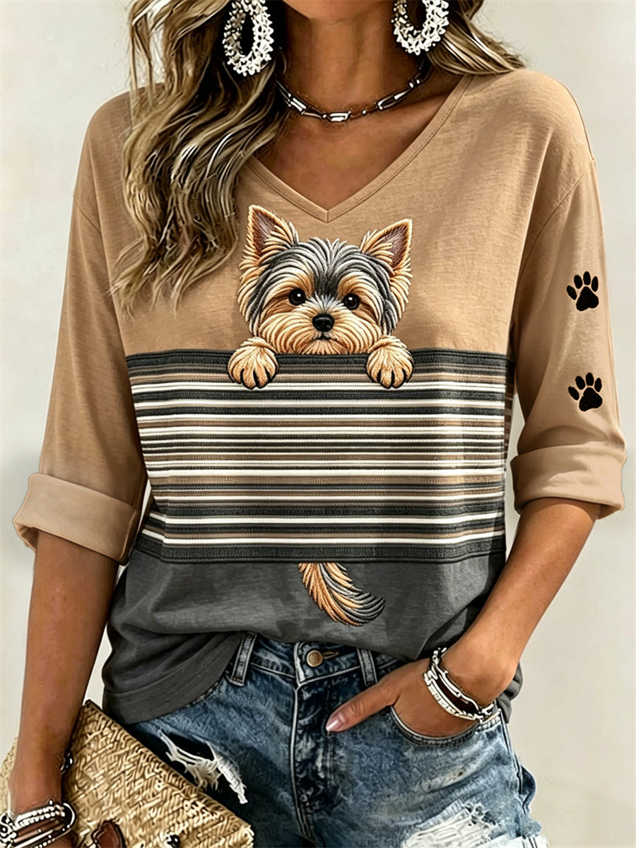 Women's Peeking Yorkshire Terrier Dog & Paw Prints Colorblock Print Mid-length Sleeves V-Neck T-Shirt